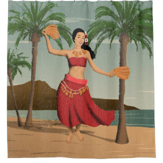 Hawaiian Vintage Hula Girl Distressed Postcard Shower Curtain