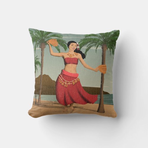 Hawaiian Vintage Hula Girl Distressed Postcard Throw Pillow