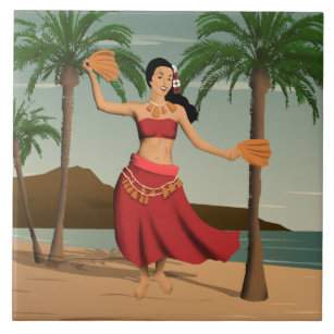 Hawaiian Vintage Hula Girl Postcard Tile