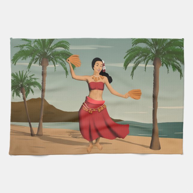 Hawaiian Vintage Hula Girl Postcard Towel (Horizontal)