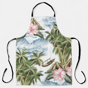 Hawaiian vintage island, palm tree, boat, pink apron