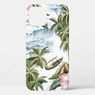 Hawaiian vintage island, palm tree, boat, pink iPhone 12 case