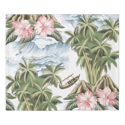 Hawaiian vintage island  palm tree  boat  pink  duvet cover