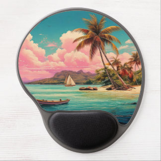 Hawaiian vintage island, palm tree, boat, pink gel mouse pad