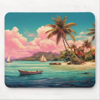 Hawaiian vintage island, palm tree, boat, pink mouse pad