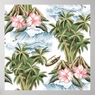 Hawaiian vintage island,  palm tree,  boat,  pink  poster
