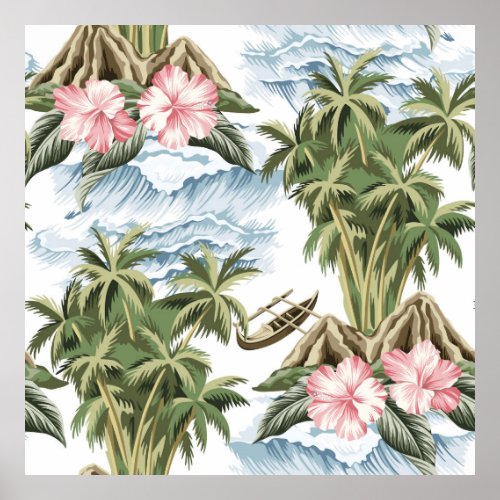 Hawaiian vintage island  palm tree  boat  pink  poster