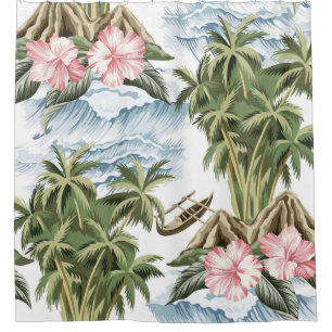 Hawaiian vintage island, palm tree, boat, pink shower curtain