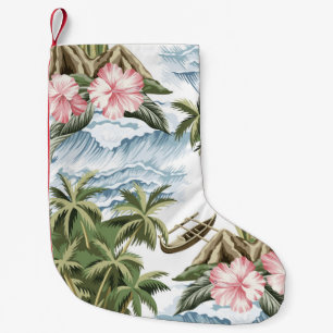 Hawaiian vintage island, palm tree, boat, pink small christmas stocking