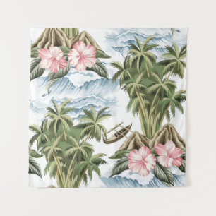 Hawaiian vintage island, palm tree, boat, pink tapestry