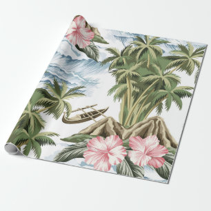 Hawaiian vintage island, palm tree, boat, pink wrapping paper