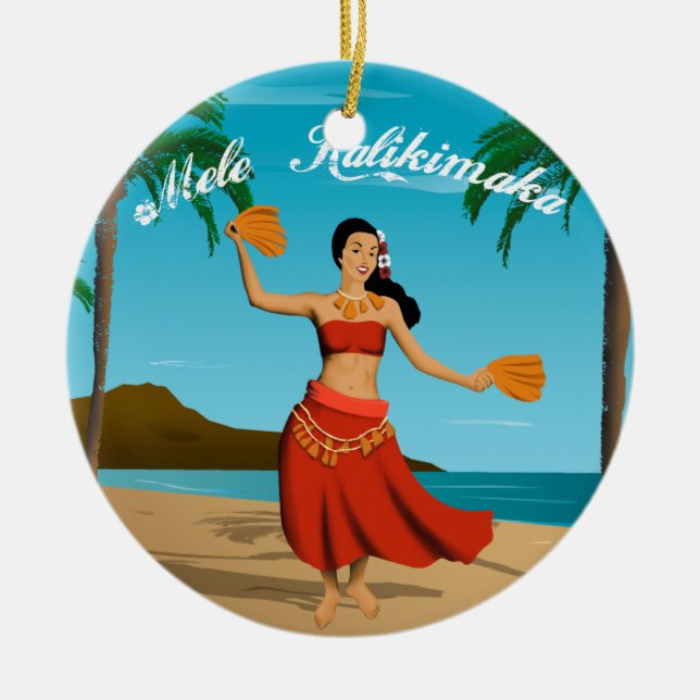 Hawaiian Vintage Mele Kalikimaka Customizable Ceramic Ornament (Front)