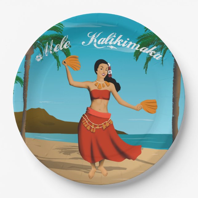 Hawaiian Vintage Mele Kalikimaka Postcard Paper Plates (Front)