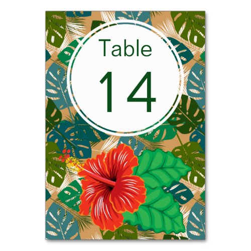 Hawaiian Wedding Red Hibiscus Luau Table Number