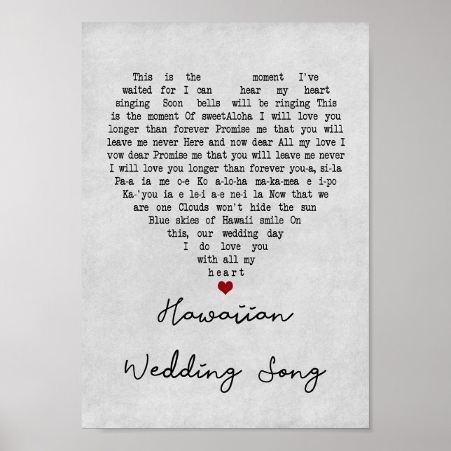 Hawaiian Wedding Song Gray Heart Song Lyric Print (Front)