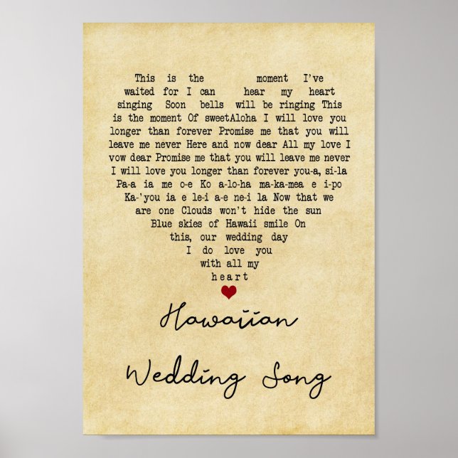 Hawaiian Wedding Song Vintage Heart Song Lyric Poster (Front)
