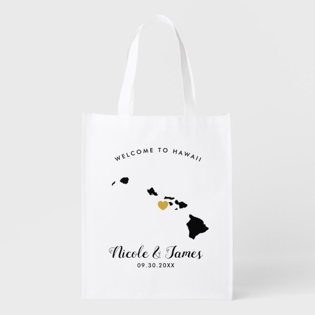 Hawaiian Wedding Welcome Bag, Gold Heart, Hawaii Grocery Bag (Front)