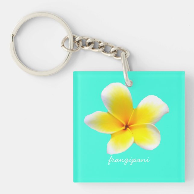 Hawaiian white plumeria flower  frangipani keychain (Front)