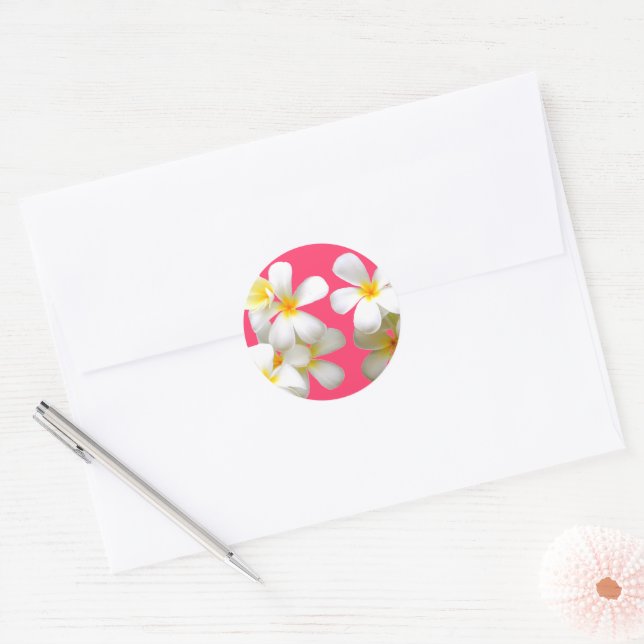 Hawaiian white plumeria flower pink classic round sticker (Envelope)