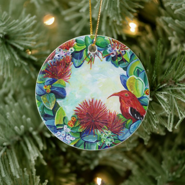 Hawaiian Wreath Iiwi Bird Lehua Mele Kalikimaka Ceramic Ornament (Tree)