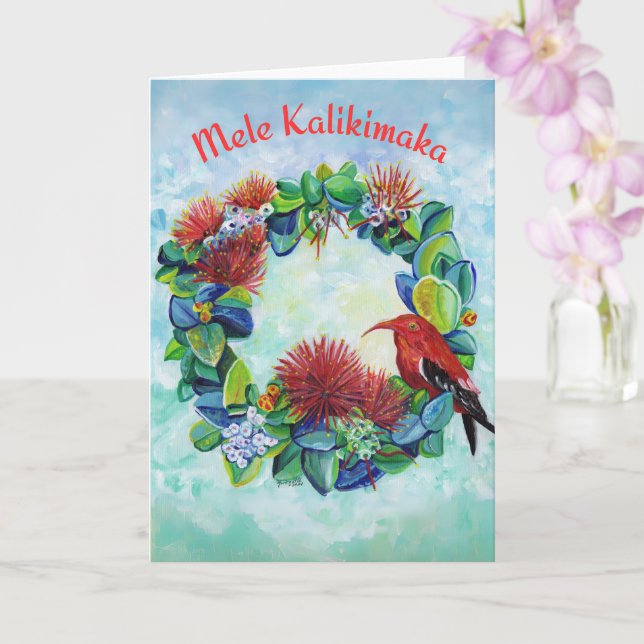 Hawaiian Wreath Mele Kalikimaka Christmas Card (Orchid)