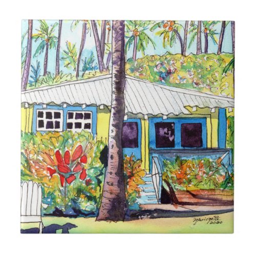 Hawaiian Yellow and Blue Plantation Cottage Ceramic Tile