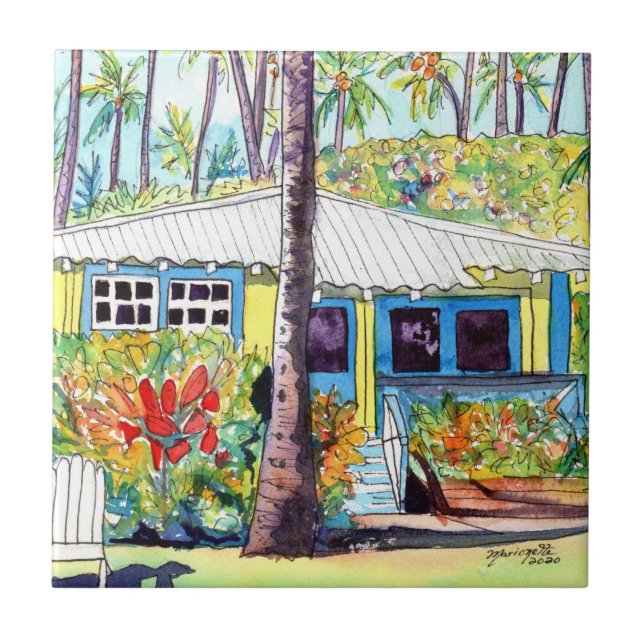 Hawaiian Yellow and Blue Plantation Cottage Ceramic Tile (Front)