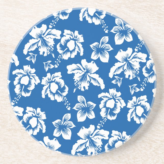 Hawiian Blue Flower Pattern Drink Coaster (Front)