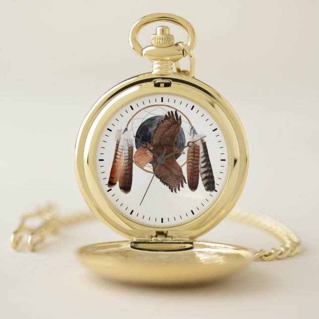 Hawk Against The Moon Dreamcatcher Large Clock Wat Pocket Watch (Inside)
