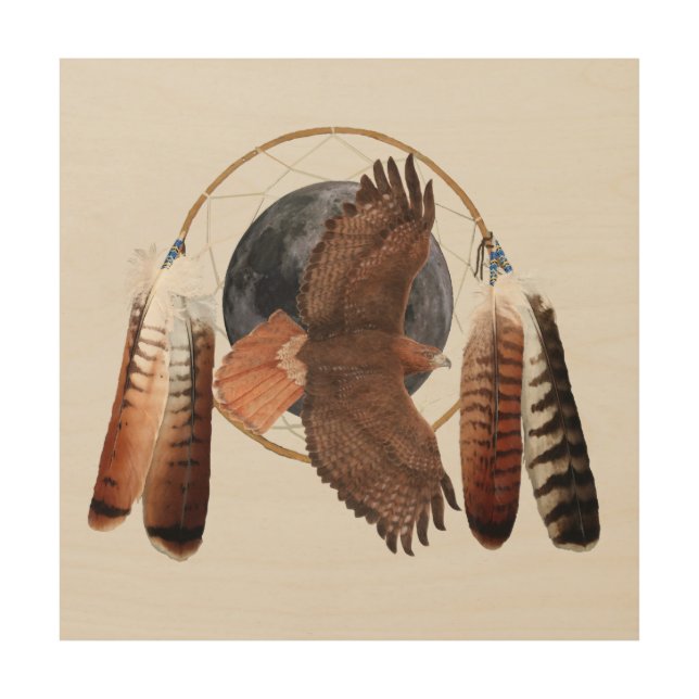 Hawk Against The Moon Dreamcatcher    Wood Wall Art (Front)