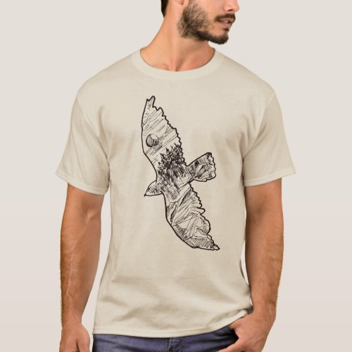 Hawk and Northern Landscape Graphic Freehand Lines T_Shirt
