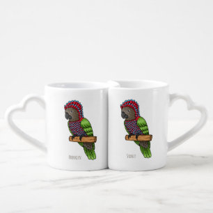 Hawk headed parrot bird cartoon illustration coffee mug set