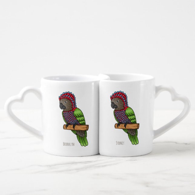 Hawk headed parrot bird cartoon illustration coffee mug set (Front Nesting)