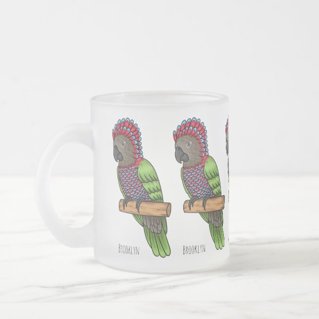 Hawk headed parrot bird cartoon illustration  frosted glass coffee mug (Left)