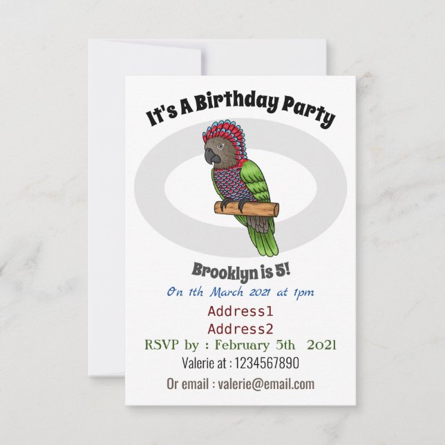 Hawk headed parrot bird cartoon illustration invitation (Front)