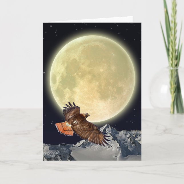 HAWK, MOUNTAINS & MOON Raptor Greeting Card (Front)