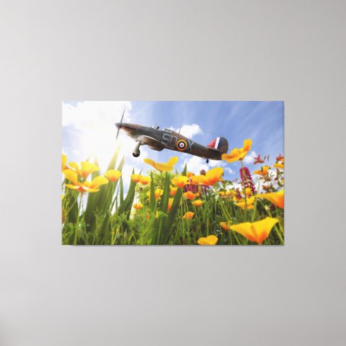 Hawker Hurricane flying over poppies in spring Canvas Print