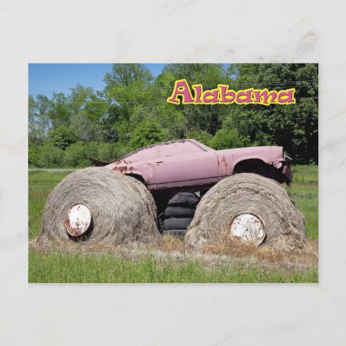 Hay Bale Art _ Pink Monster Truck Postcard