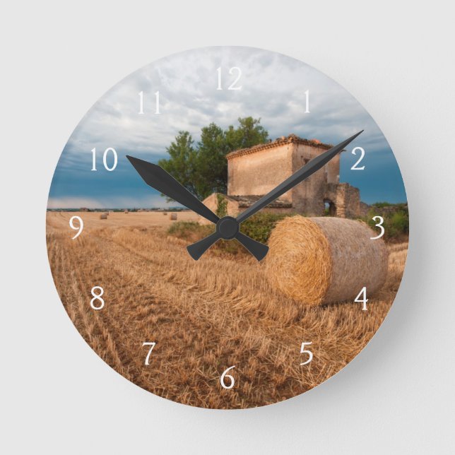 Hay bale in Provence field Round Clock (Front)