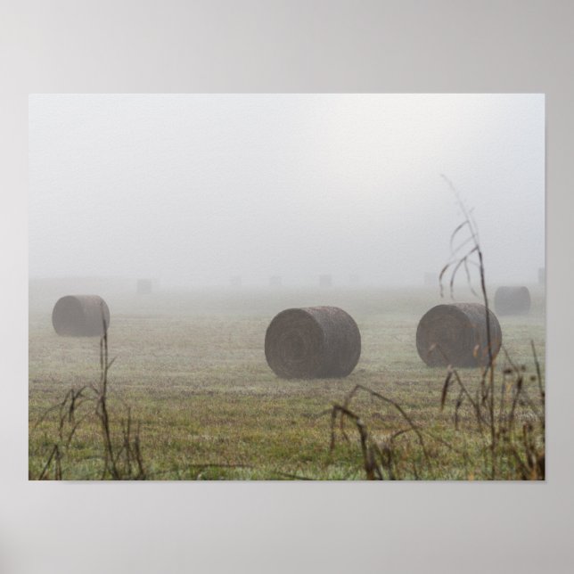 Hay Bales In The Fog Poster (Front)
