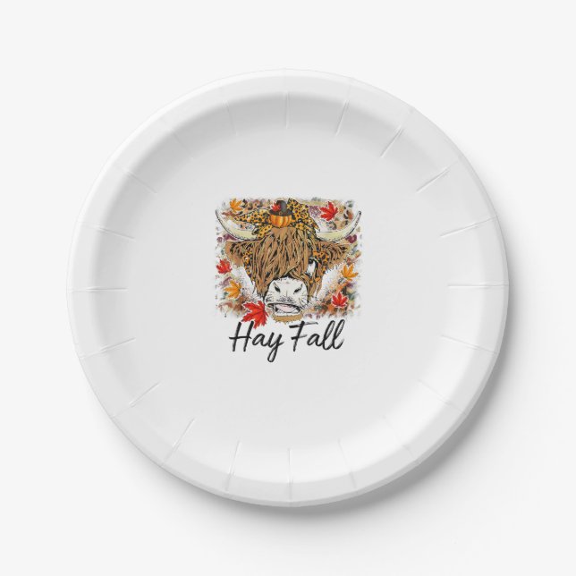 Hay Fall Highland Cow Leopard Thanksgiving Heifer  Paper Plates (Front)