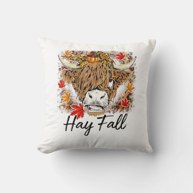 Hay Fall Highland Cow Leopard Thanksgiving Heifer  Throw Pillow (Front)