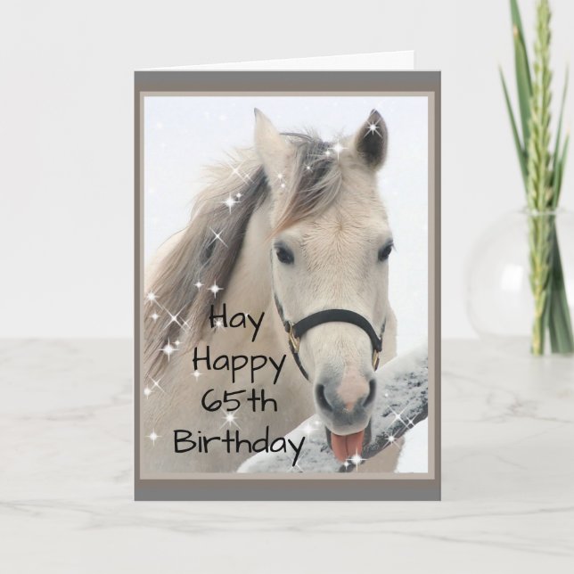 Hay Happy 65th Birthday Horse Catching Snowflakes Card (Front)