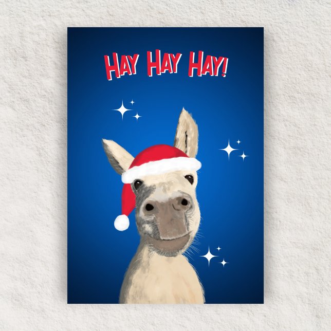 Hay Hay Hay Pun Donkey Santa Hat Christmas  Holiday Card (Creator Uploaded)