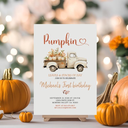 Hay Leaves Pumpkin Fall Birthday Party White Truck Invitation