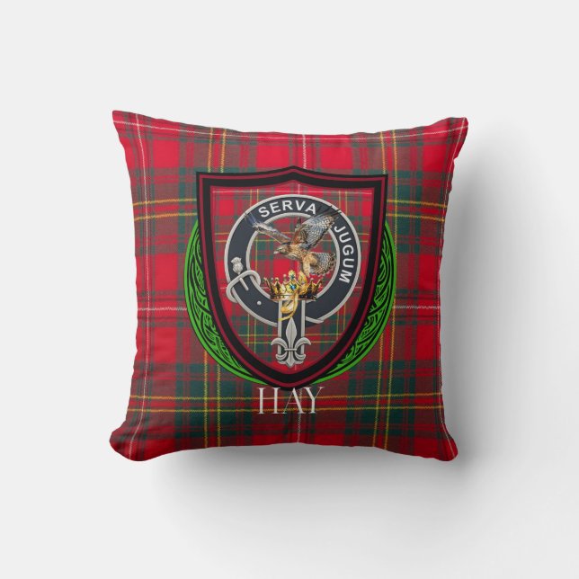 Hay Scottish Clan Tartan & Crest Throw Pillow (Front)