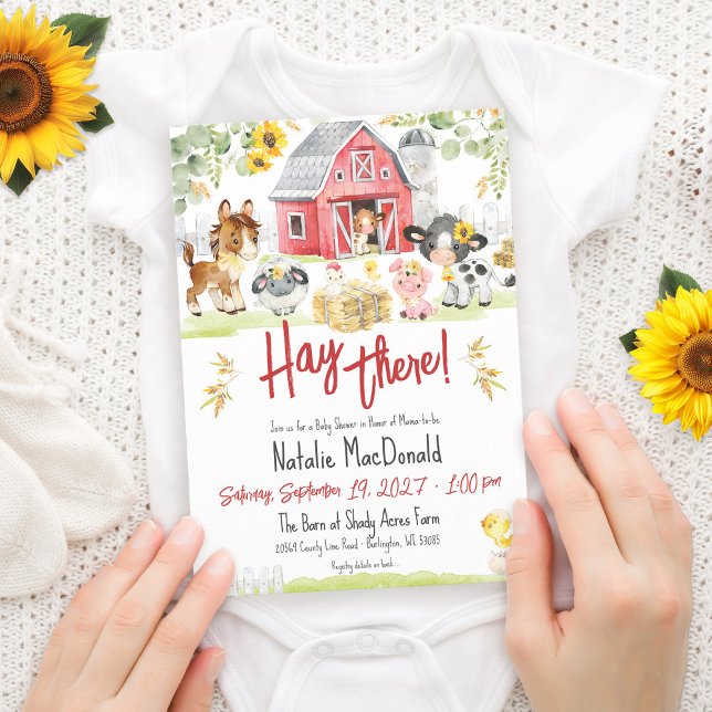 Hay There Cute Farm Animals Sunflower Baby Shower Invitation (Funny Hay There cute watercolor red barn farm animals sunflower greenery neutral baby shower invite)