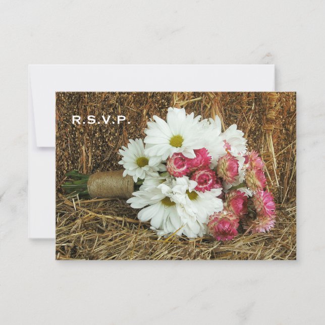 Hay Wedding RSVP - Daisy & Pink Bouquet (Front)