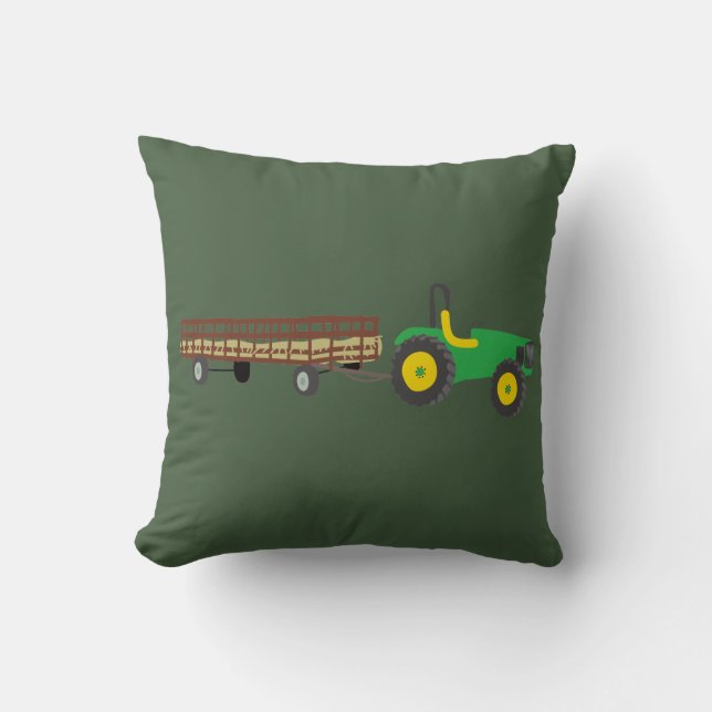 Hayride Green and Yellow Tractor Illustration Throw Pillow (Front)