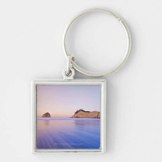 Haystack Rock At Dawn Blurred Blue Purple Waves Keychain (Front)